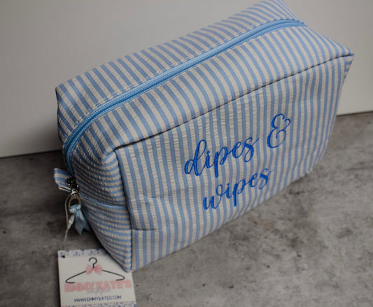 Blue seersucker cosmetic bag