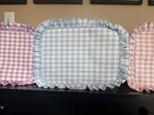 Blue gingham ruffle cosmetic bag
