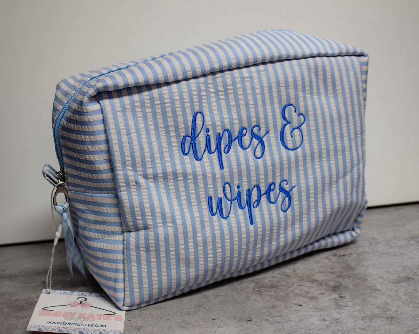 Blue seersucker cosmetic bag