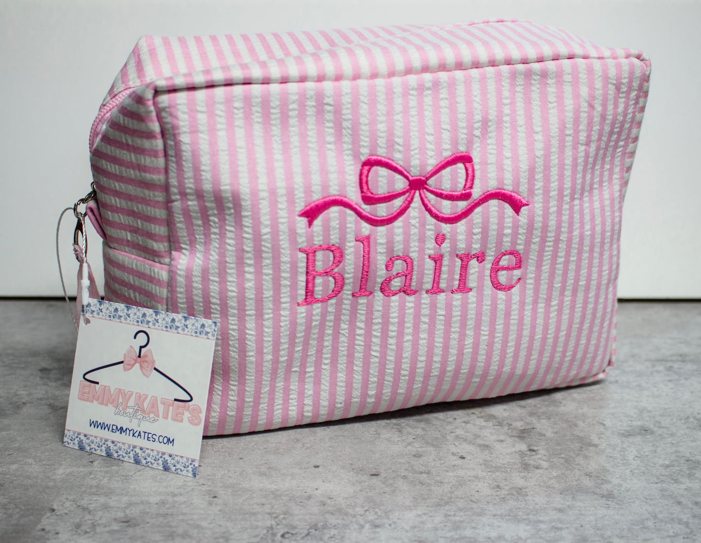 Pink seersucker cosmetic bag