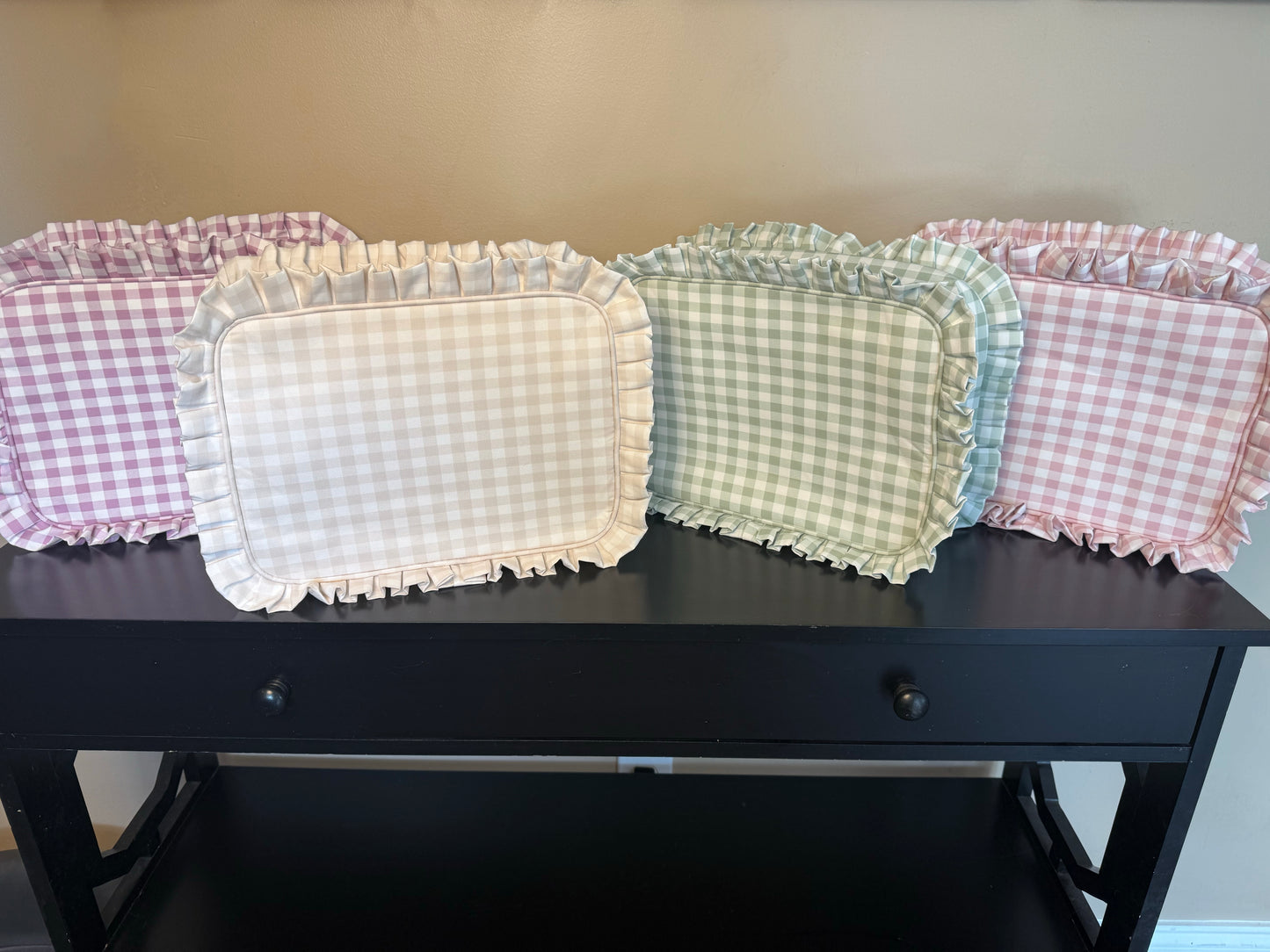 Blue gingham ruffle cosmetic bag