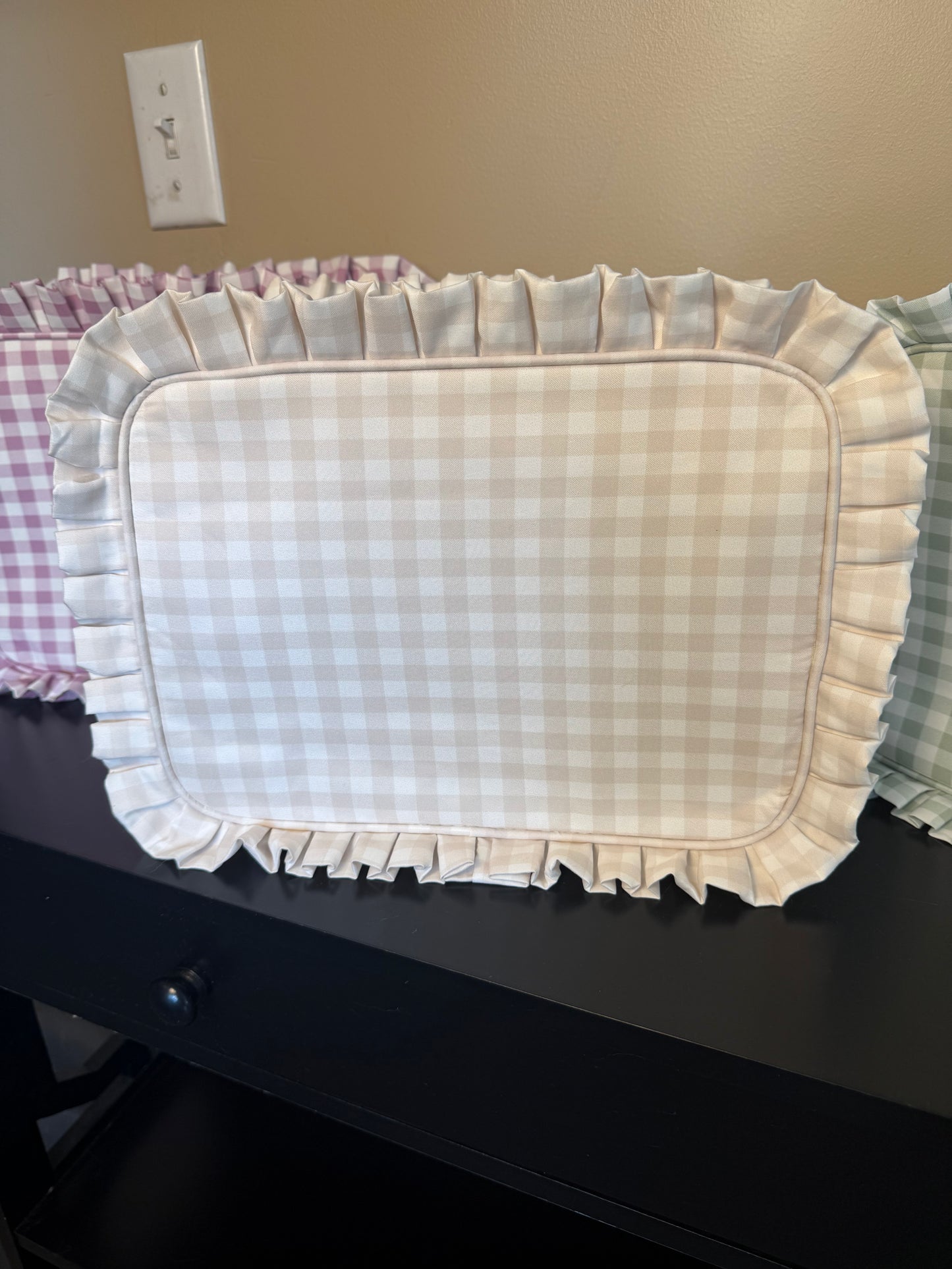 Beige gingham ruffle cosmetic bag