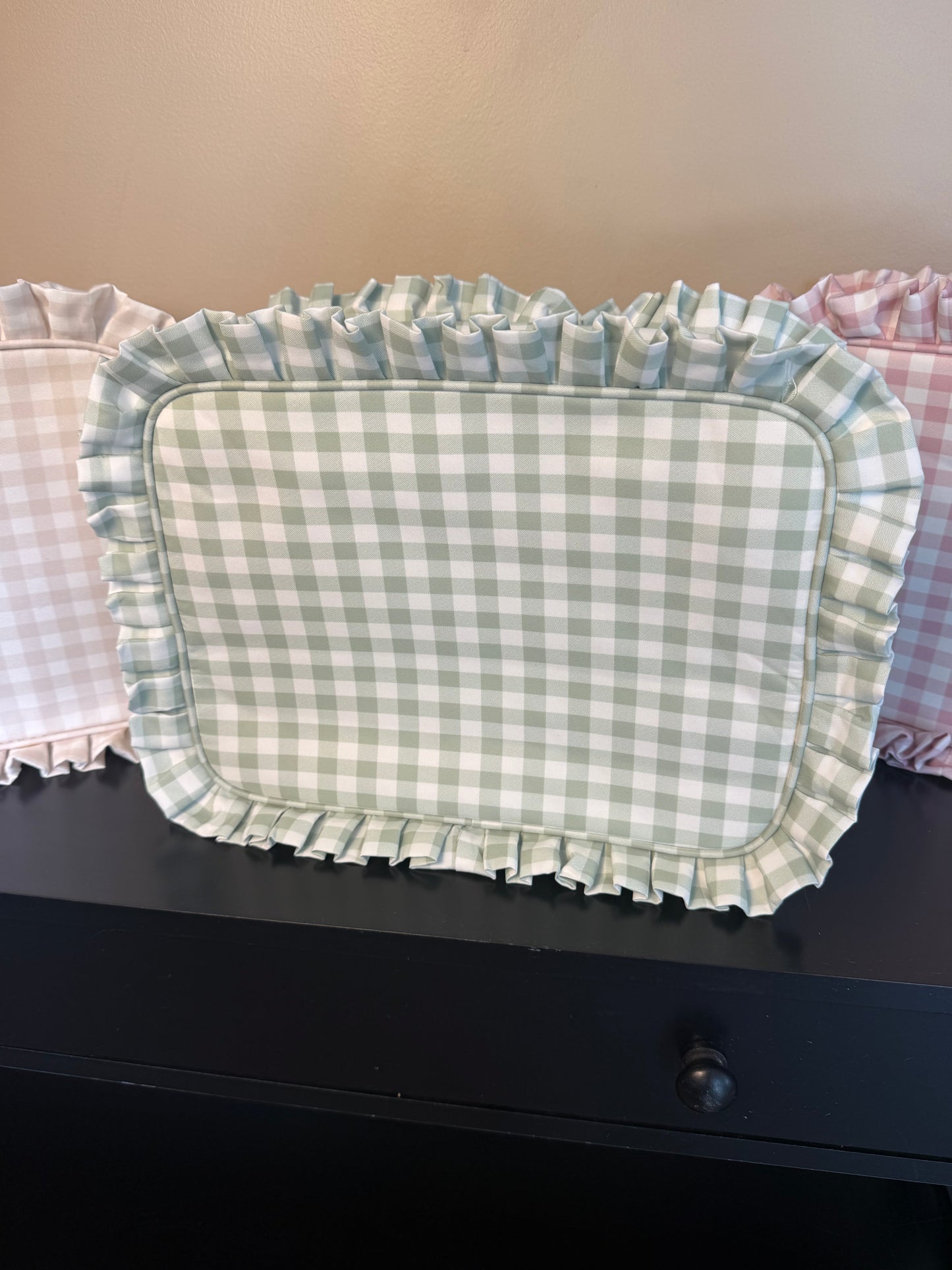 Green gingham ruffle cosmetic bag