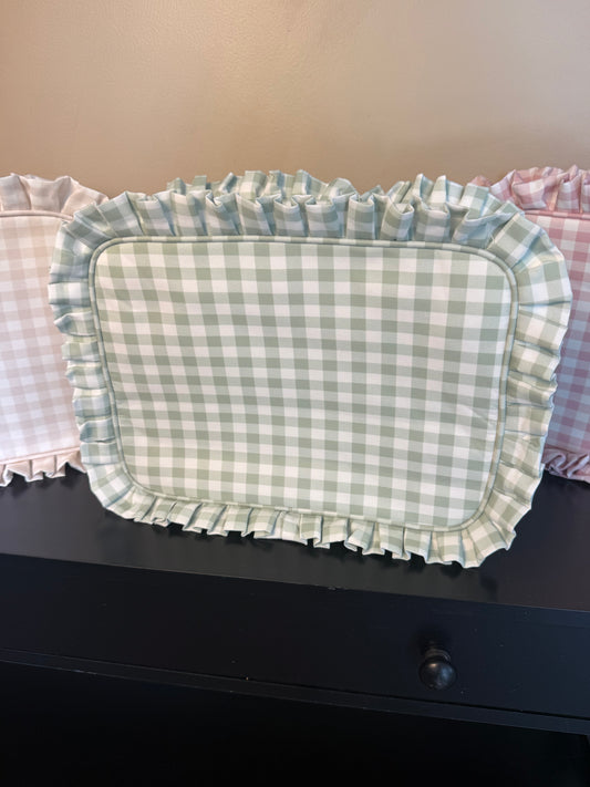 Green gingham ruffle cosmetic bag