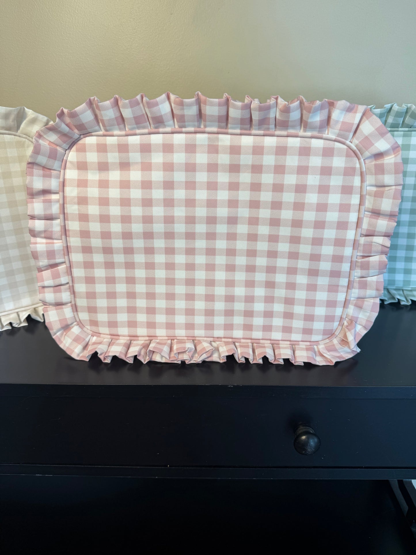 Pink gingham ruffle cosmetic bag