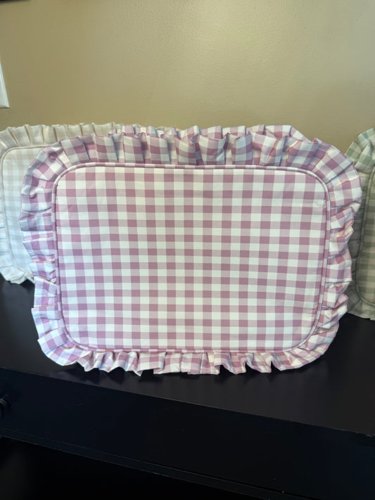 Purple gingham ruffle cosmetic bag