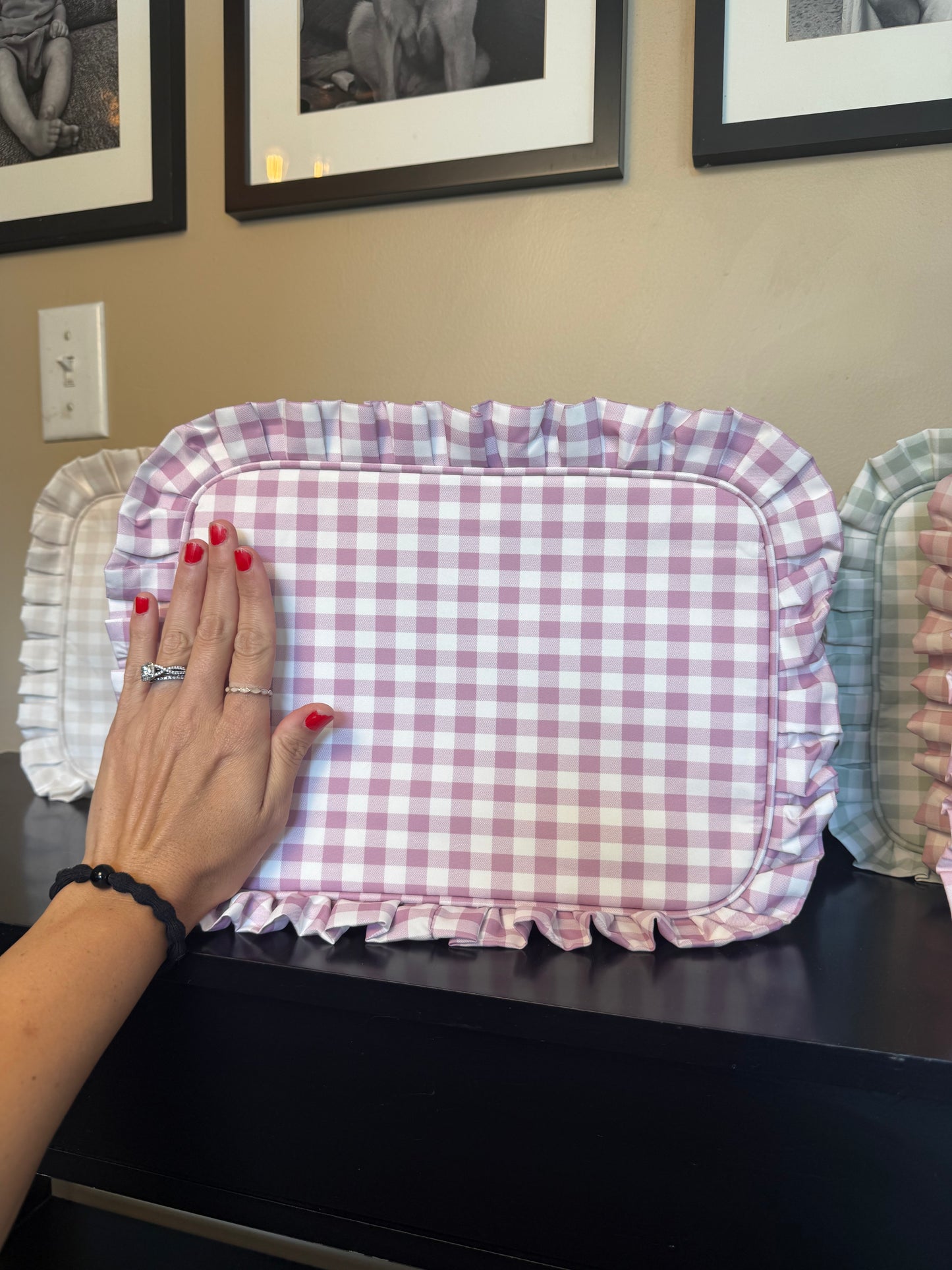 Blue gingham ruffle cosmetic bag