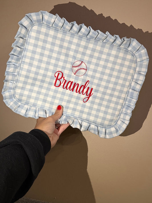 Blue gingham ruffle cosmetic bag