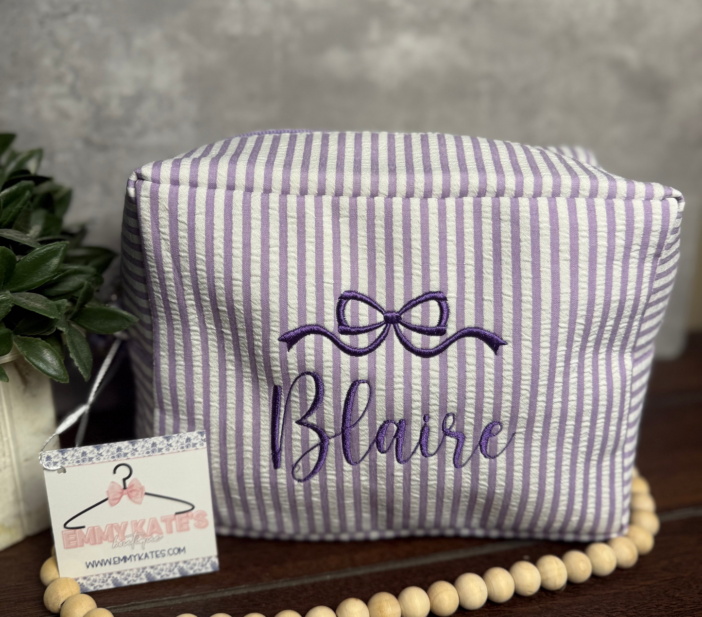 Purple seersucker cosmetic bag