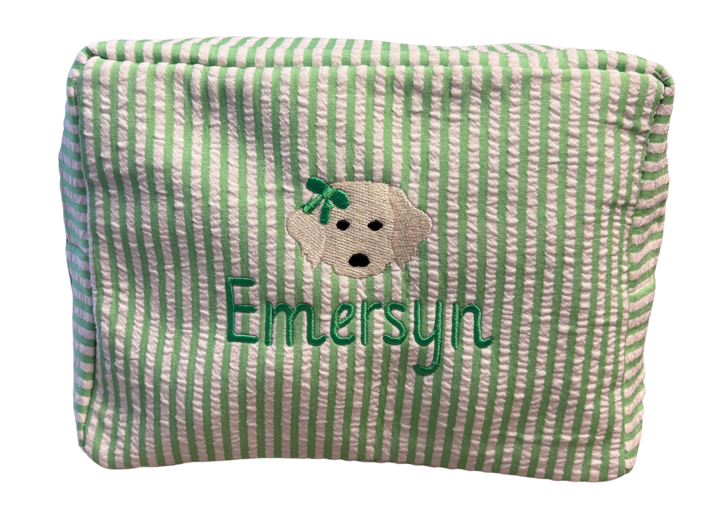 Green seersucker cosmetic bag